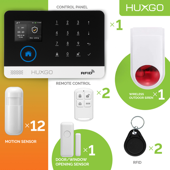 HUXGO® HXA003 - Sistema di allarme wireless WiFi + GSM con 12x Rilevatore di movimento & 1x Sensore per porte e finestre con Sirena senza fili | Allarme casa senza fili Kit con app TUYA