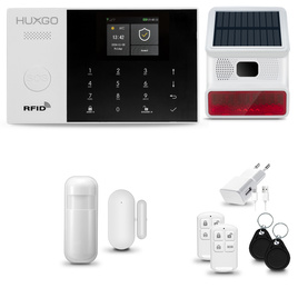 HUXGO® HXA005 - Sistema de seguridad inalámbrico WiFi + GSM con 1x detector de movimiento y 1x sensor para puerta / ventana con sirena inalámbrica | Kit de sistema de alarma para el hogar con App TUYA
