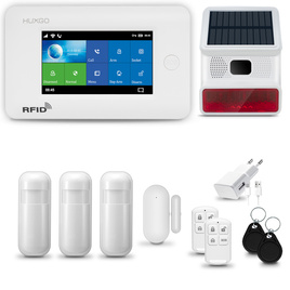 HUXGO® HXA006 - Sistema di allarme wireless WiFi + GSM 4G con 3x Rilevatore di movimento & 1x Sensore per porte e finestre con Sirena senza fili | Allarme casa senza fili Kit con app TUYA