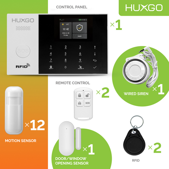 HUXGO® HXA005 - Sistema di allarme wireless WiFi + GSM con 12x Rilevatore di movimento & 1x Sensore per porte e finestre | Allarme casa senza fili Kit con app TUYA