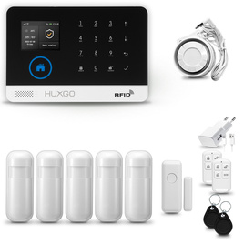 HUXGO® HXA003 - Sistema di allarme wireless WiFi + GSM 4G LTE con 5x Rilevatore di movimento & 1x Sensore per porte e finestre | Allarme casa senza fili Kit con app TUYA