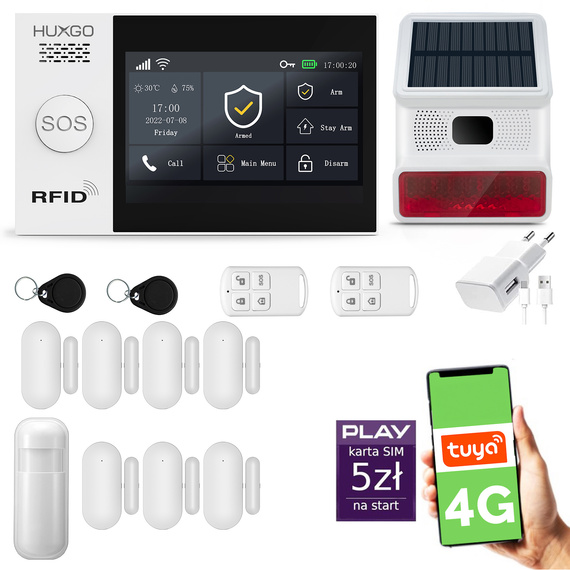 HUXGO® HXA007 - Sistema di allarme wireless WiFi + GSM 4G LTE con 1x Rilevatore di movimento & 7x Sensore per porte e finestre con Sirena senza fili | Allarme casa senza fili Kit con app TUYA
