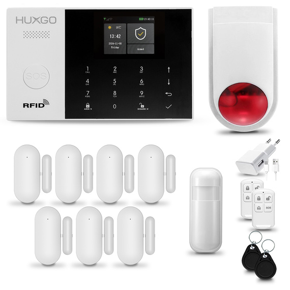 HUXGO® HXA005 - Wireless security system WiFi + GSM 4G LTE with 1x Motion Detector & 7x Door / window sensor with Wireless Siren | Home Alarm System SET with App TUYA