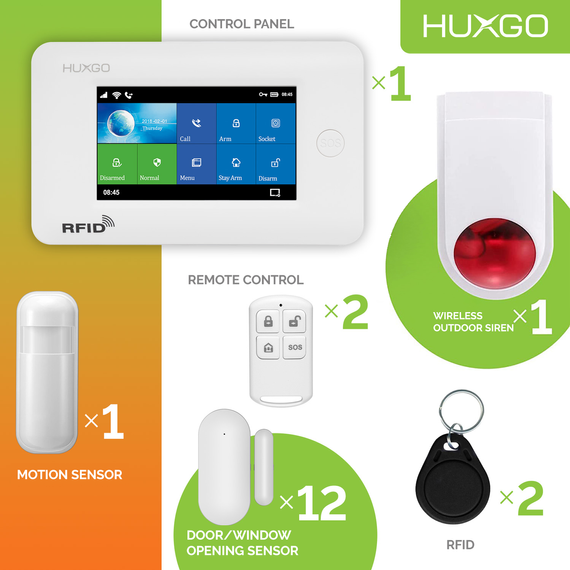 Alarm bezprzewodowy WiFi + GSM 4G LTE - zestaw alarmowy HUXGO z aplikacją TUYA - HXA006 4G W D12 BS z syreną bezprzewodową
