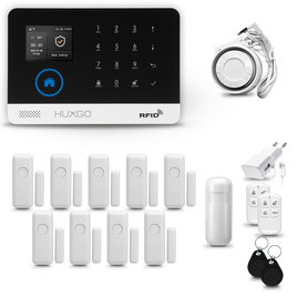 HUXGO® HXA003 - Sistema de seguridad inalámbrico WiFi + GSM con 1x detector de movimiento y 9x sensor para puerta / ventana | KIT de sistema de alarma para el hogar con App TUYA