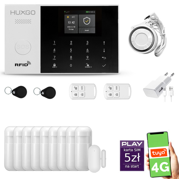 HUXGO® HXA005 - Sistema di allarme wireless WiFi + GSM 4G LTE con 9x Rilevatore di movimento & 1x Sensore per porte e finestre | Allarme casa senza fili Kit con app TUYA