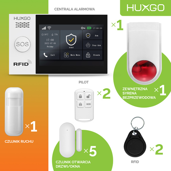 HUXGO® HXA007 - Wireless security system WiFi + GSM 4G LTE with 1x Motion Detector & 5x Door / window sensor with Wireless Siren | Home Alarm System SET with App TUYA