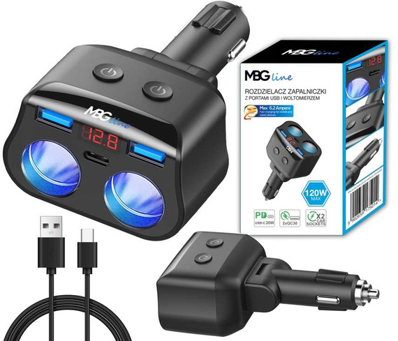 MBG line® HC69PD -  Cigarette lighter socket splitter Voltmeter Charger 2 x USB QC3.0