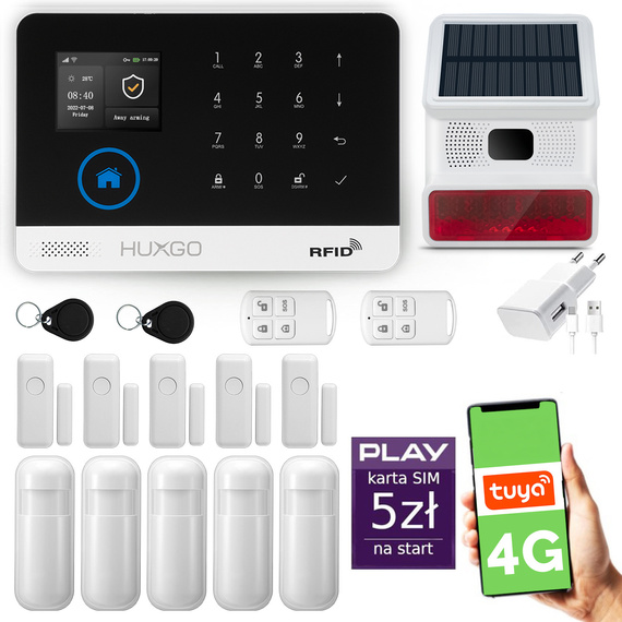 HUXGO® HXA003 - Funk Alarmanlage System WiFi + GSM 4G LTE mit 5x Bewegungsmelder PIR & 5x Fenster und Türsensor sensor mit Drahtlose Alarmsirene | Kabellose Alarmanlage SET mit TUYA App