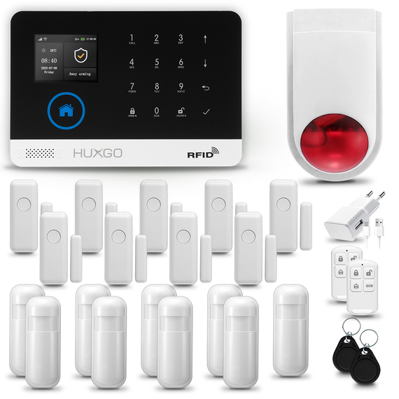 HUXGO® HXA003 - Wireless security system WiFi + GSM  4G LTE with 9x Motion Detector & 9x Door / window sensor with Wireless Siren | Home Alarm System SET with App TUYA