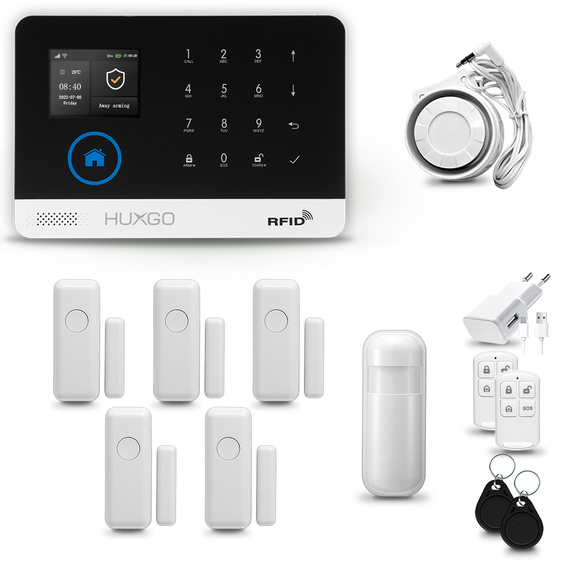 HUXGO® HXA003 - Système de sécurité sans fil Wi-Fi + GSM 4G LTE avec 1x Détecteur de Mouvement & 5x Détecteur pour porte et fenêtre |  Système d'alarme domestique avec l'application TUYA