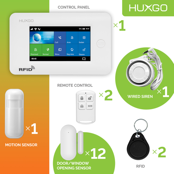 HUXGO® HXA006 - Sistema di allarme wireless WiFi + GSM 4G con 1x Rilevatore di movimento & 12x Sensore per porte e finestre | Allarme casa senza fili Kit con app TUYA