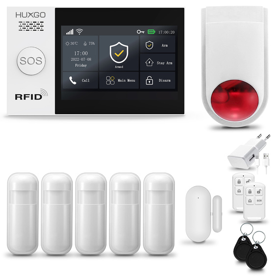 HUXGO® HXA007 - Sistema de seguridad inalámbrico WiFi + GSM con 5x detector de movimiento y 1x sensor para puerta / ventana con sirena inalámbrica | Kit de sistema de alarma para el hogar con App TUYA