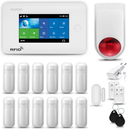 HUXGO® HXA006 - Sistema de seguridad inalámbrico WiFi + GSM con 12x detector de movimiento y 1x sensor para puerta / ventana con sirena inalámbrica | Kit de sistema de alarma para el hogar con App TUYA