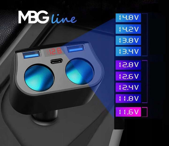 MBG line® HC69PD -  Cigarette lighter socket splitter Voltmeter Charger 2 x USB QC3.0