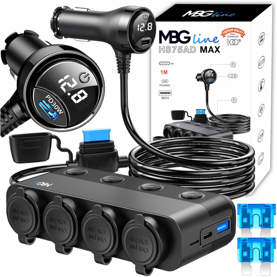 MBG line® HS75AD - 12V/24V Car Cigarette Lighter Splitter and USB Charger QC3.0 + Dual USB-C PD30W