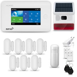 HUXGO® HXA006 - Sistema di allarme wireless WiFi + GSM 4G con 1x Rilevatore di movimento & 7x Sensore per porte e finestre con Sirena senza fili | Allarme casa senza fili Kit con app TUYA