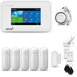 HUXGO® HXA006 - Sistema di allarme wireless WiFi + GSM 4G con 5x Rilevatore di movimento & 1x Sensore per porte e finestre | Allarme casa senza fili Kit con app TUYA